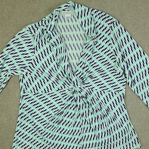 Liz Claiborne Womens Large Polyester Blend Blue Graphic Print Ruched Neck Blouse - Picture 2 of 6